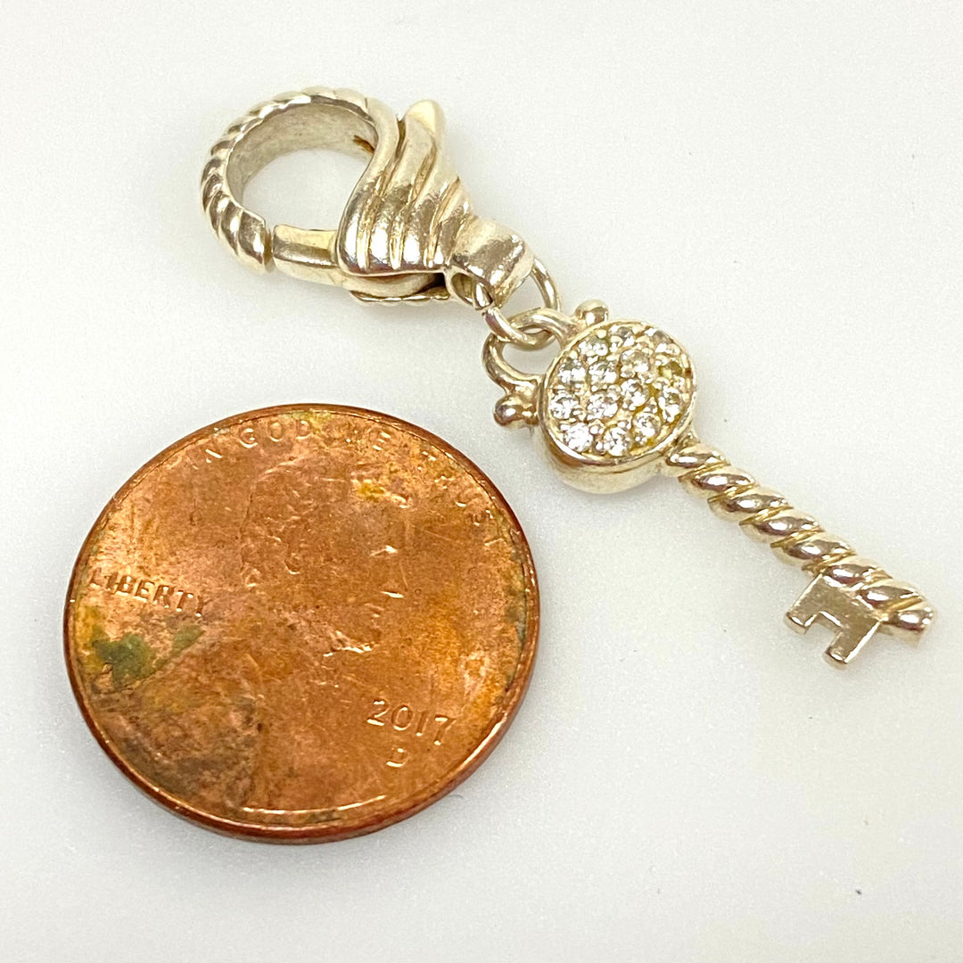 u597 Vintage Sterling Silver Key Charm Pendant Openable Bail White Stones