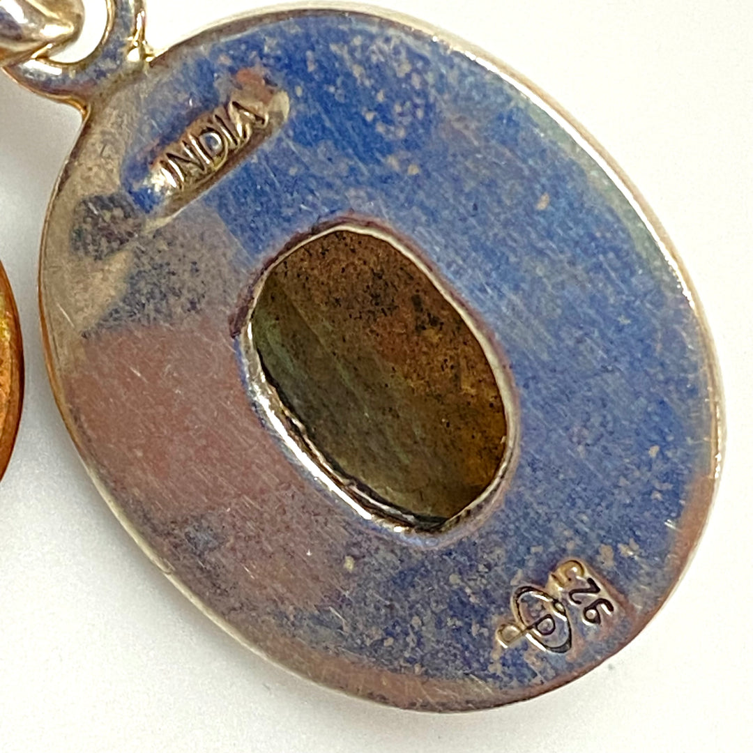 u601 Vintage Sterling Silver 925 Oval Charm Pendant Labrodarite Gemstone