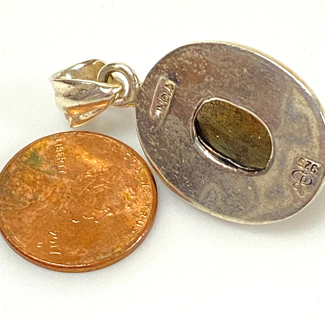 u601 Vintage Sterling Silver 925 Oval Charm Pendant Labrodarite Gemstone