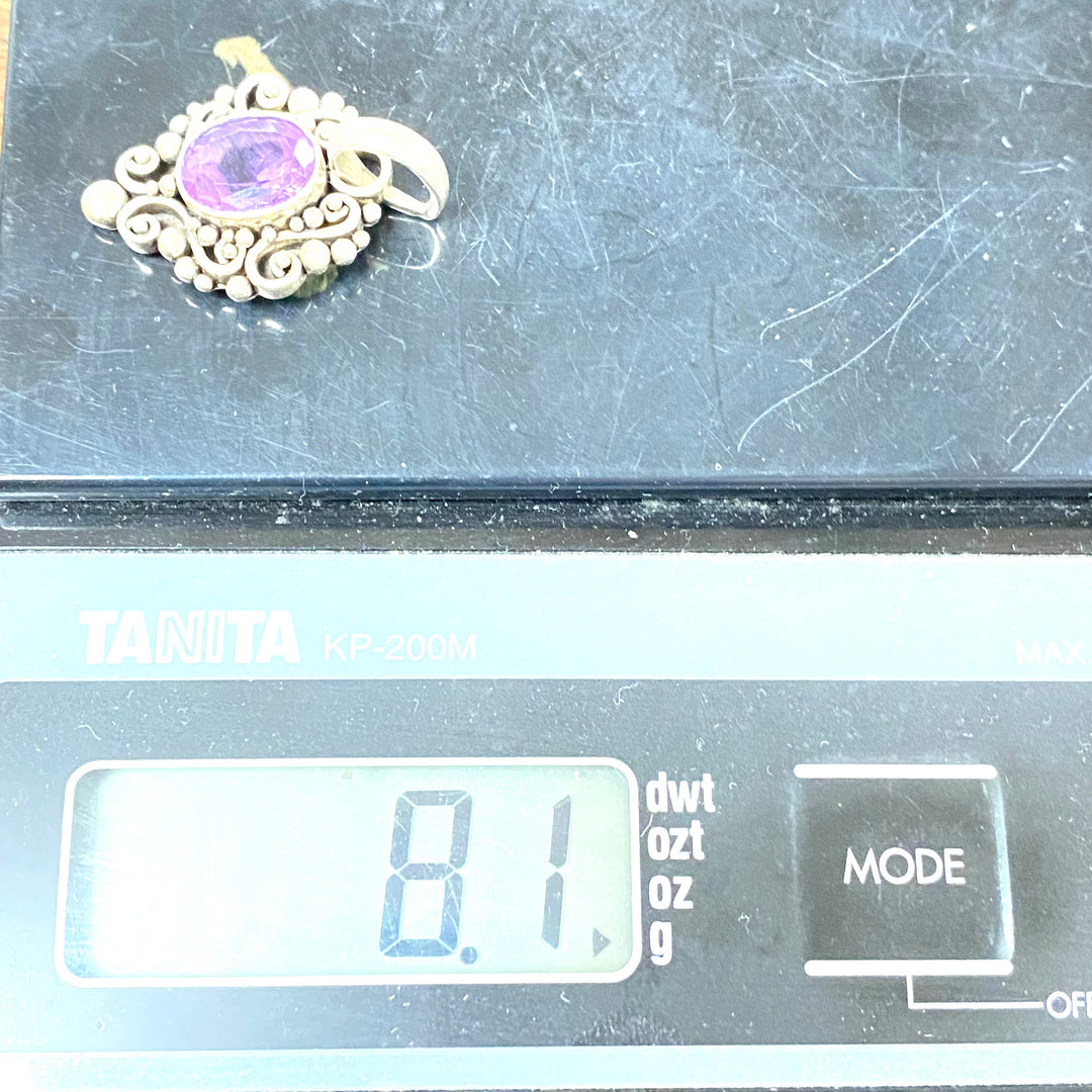 u602 Vintage Sterling Silver 925 Charm Pendant Amethyst Gemstone