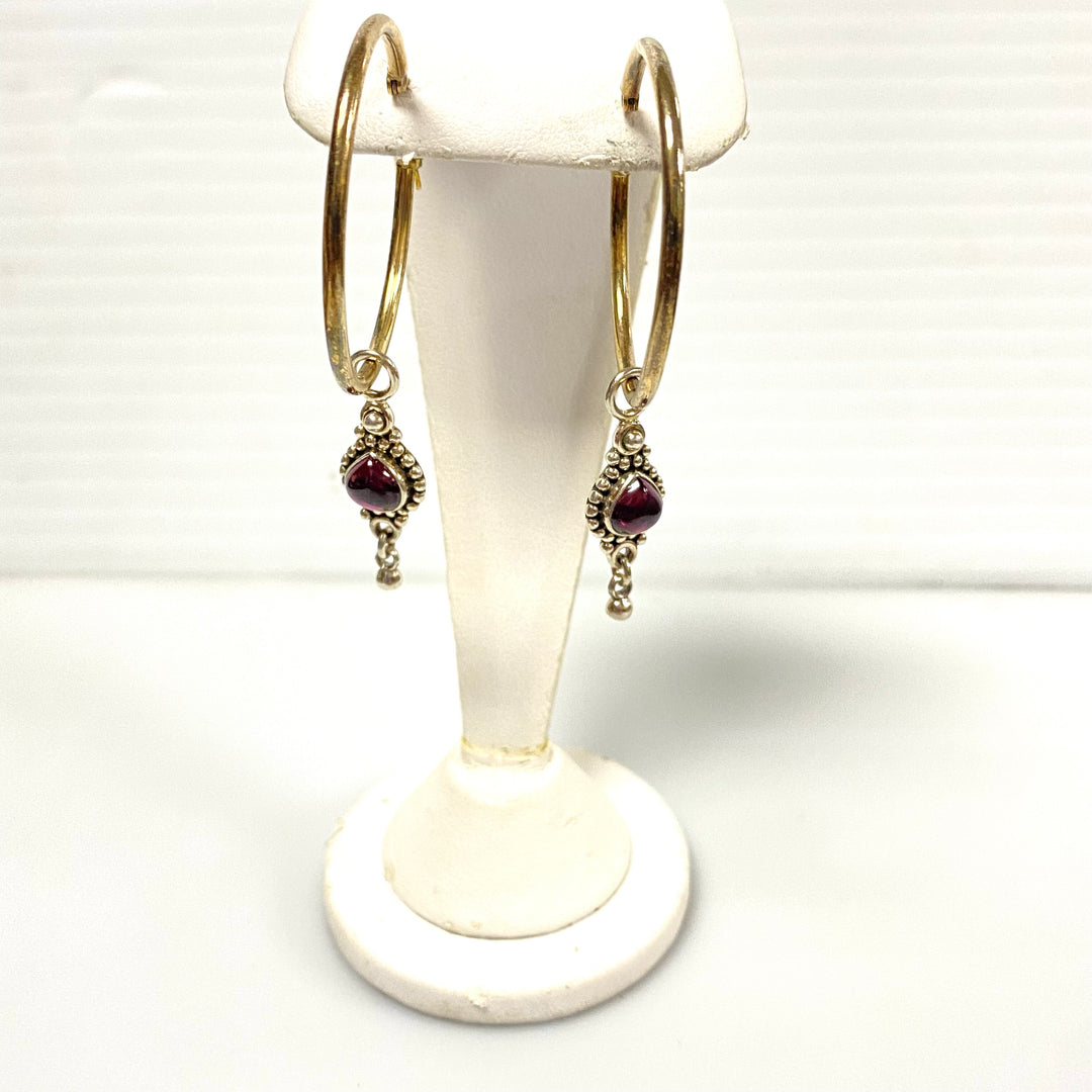 u610 Vintage Sterling Silver Hoop Earring Dangle Jackets Garnet Amethyst 2 sets