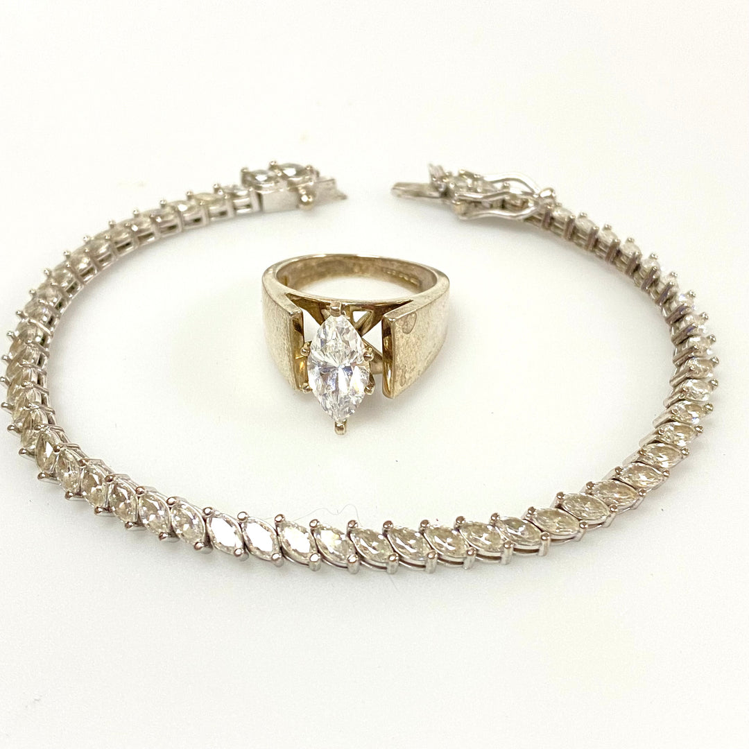 u626 Vintage 2pc Sterling Silver White CZ Stone Bracelet 7" Long Ring Size 6