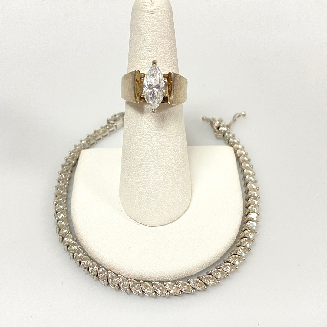 u626 Vintage 2pc Sterling Silver White CZ Stone Bracelet 7" Long Ring Size 6