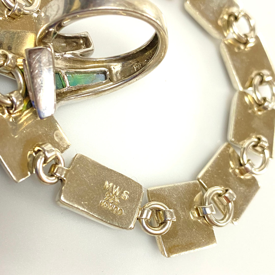 u627 Vintage 2pc Sterling Silver Mother of Pearl Bracelet 6.5" Long Ring Size 7