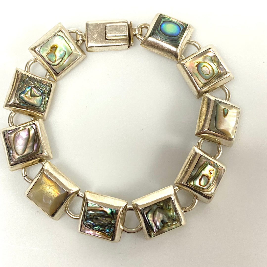 u627 Vintage 2pc Sterling Silver Mother of Pearl Bracelet 6.5" Long Ring Size 7