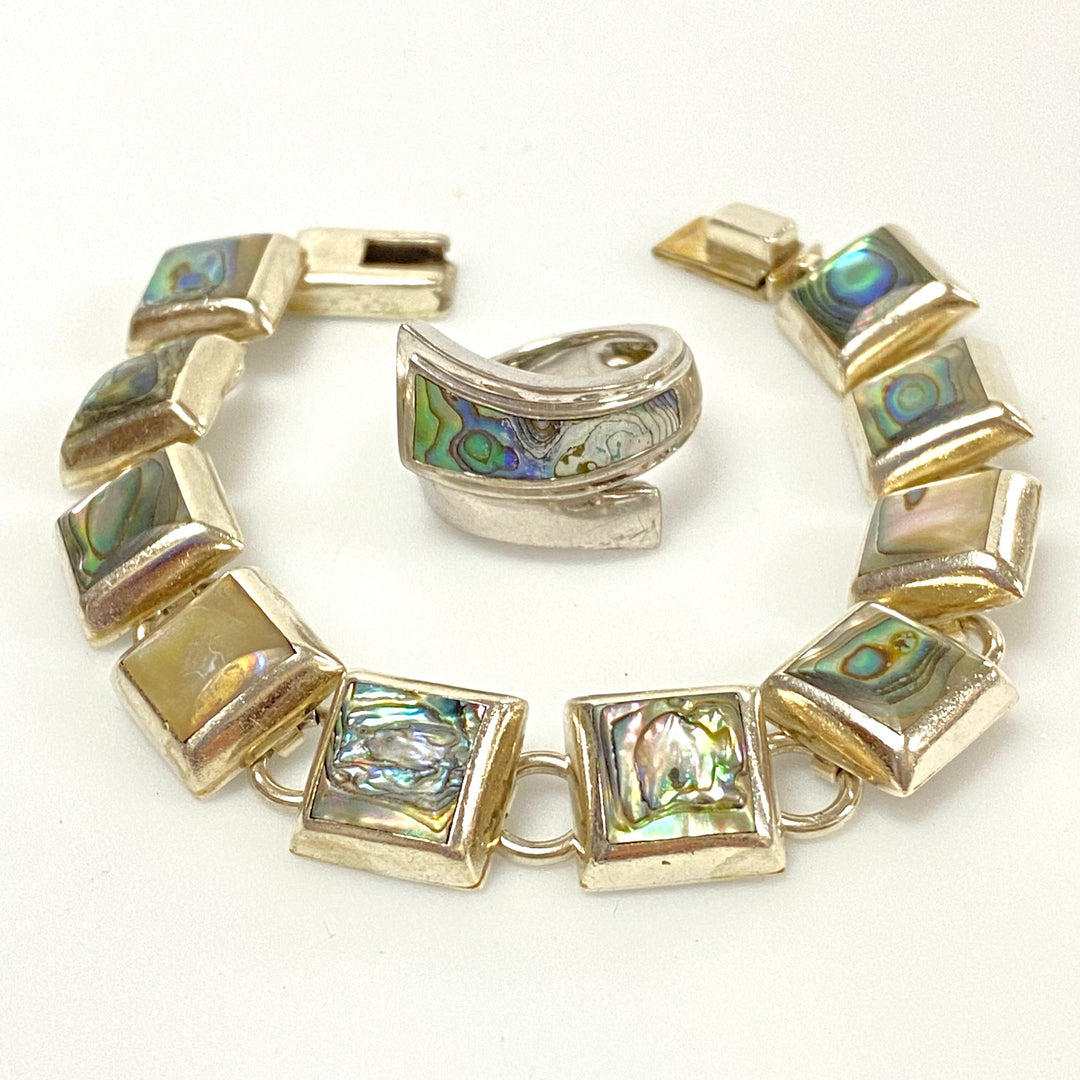u627 Vintage 2pc Sterling Silver Mother of Pearl Bracelet 6.5" Long Ring Size 7