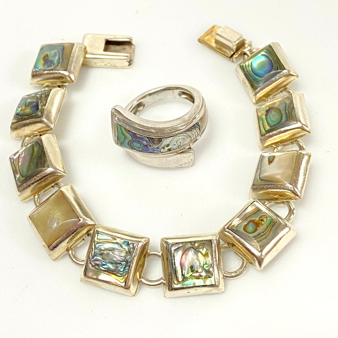 u627 Vintage 2pc Sterling Silver Mother of Pearl Bracelet 6.5" Long Ring Size 7