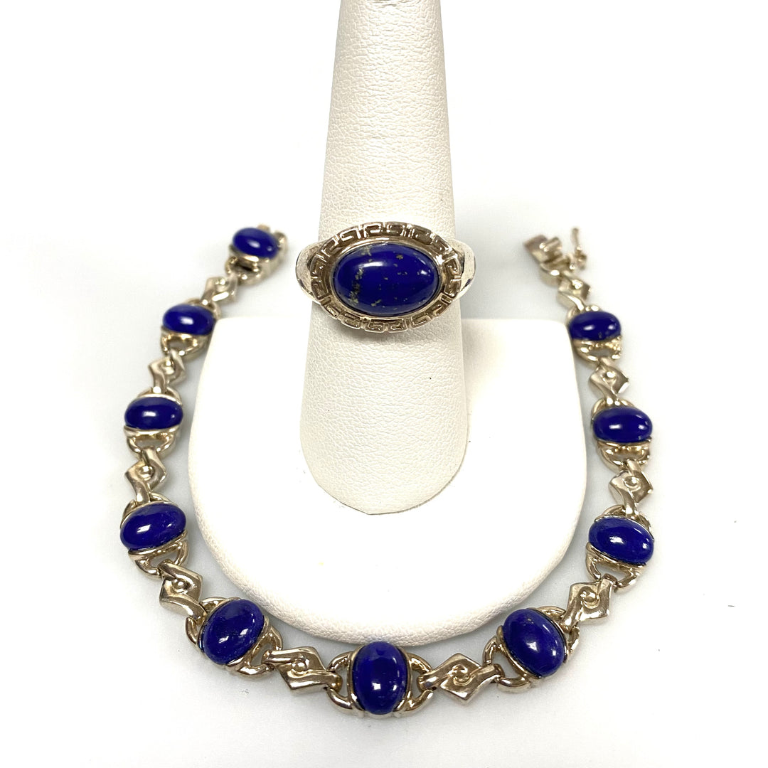 u631 Vintage 2pc Sterling Silver Blue Gemstones Bracelet 7.5" Long Ring Size 8.5