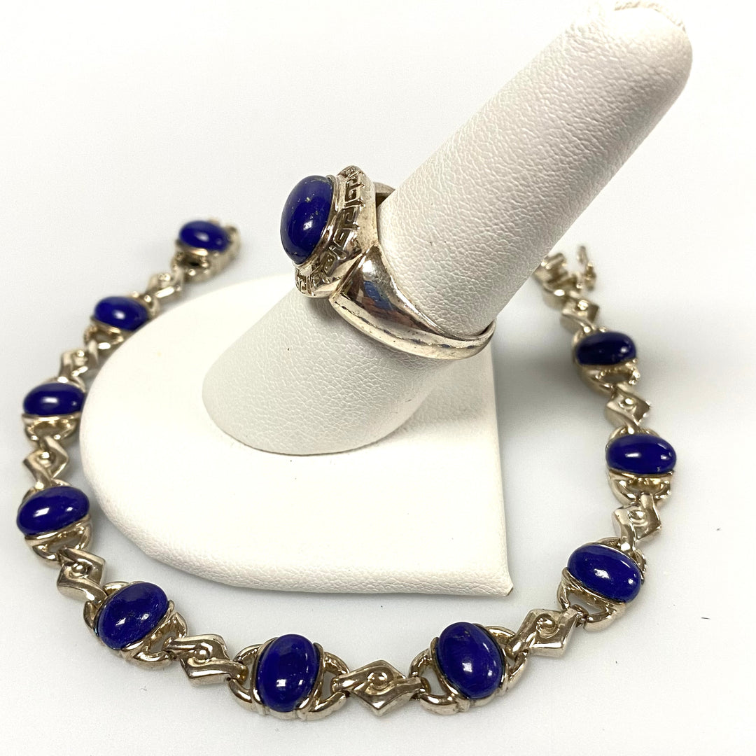u631 Vintage 2pc Sterling Silver Blue Gemstones Bracelet 7.5" Long Ring Size 8.5