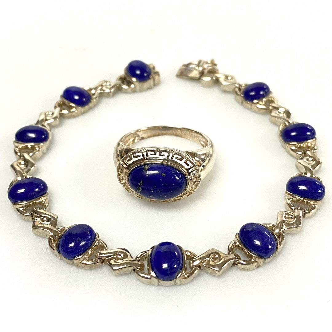 u631 Vintage 2pc Sterling Silver Blue Gemstones Bracelet 7.5" Long Ring Size 8.5