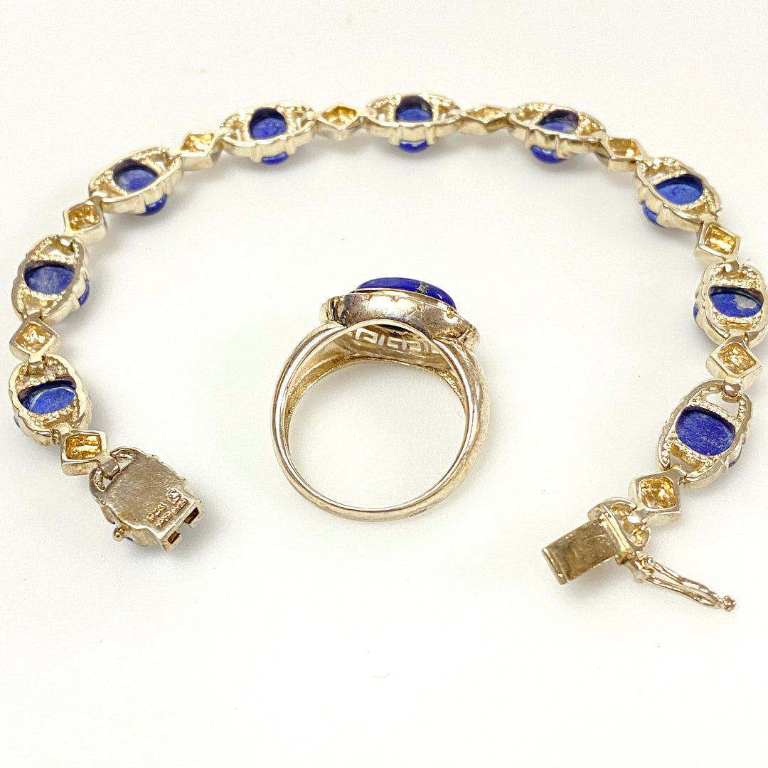 u631 Vintage 2pc Sterling Silver Blue Gemstones Bracelet 7.5" Long Ring Size 8.5