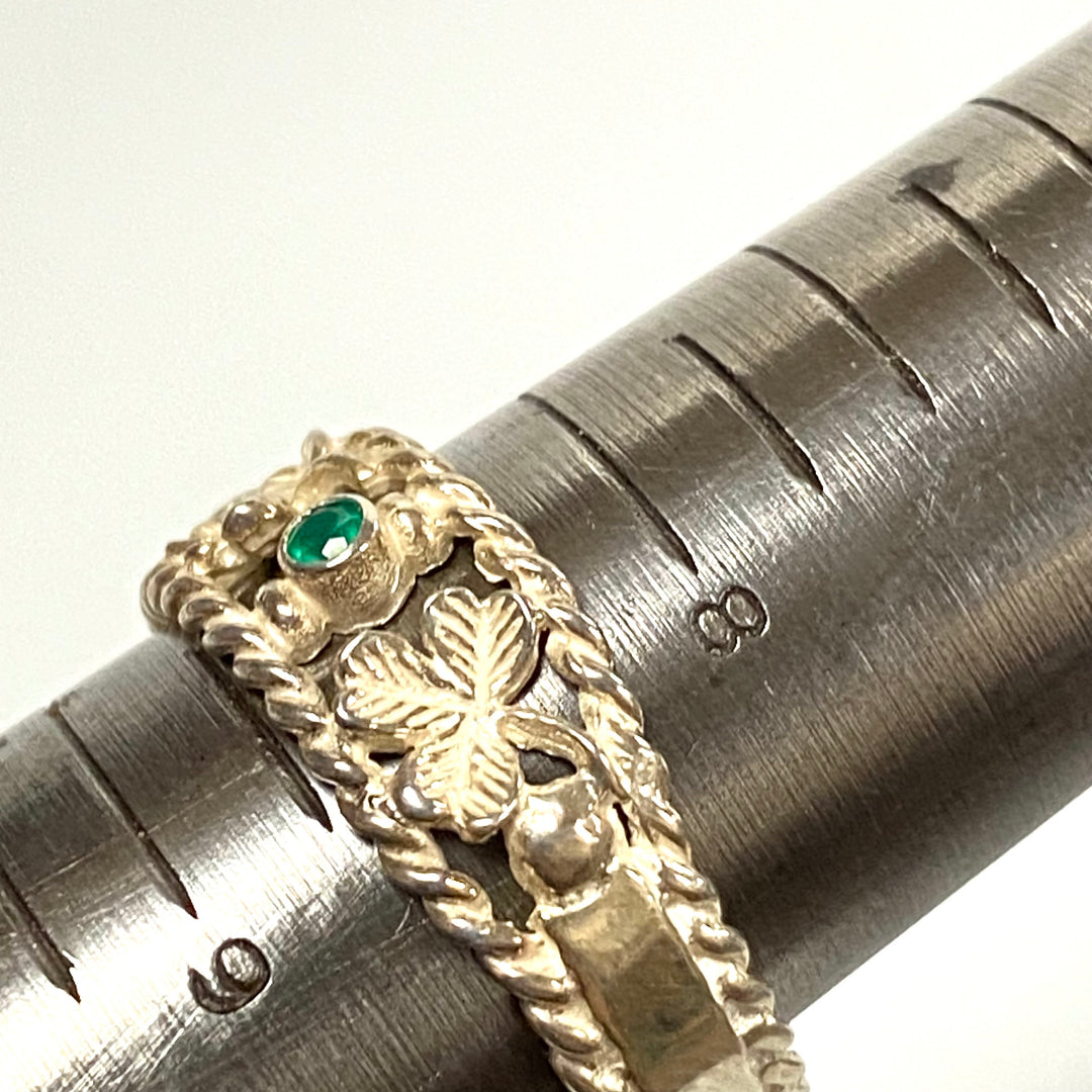 u632 Vintage 2pc Silver Carved Bracelet 7.5" Long & Clover Carved Ring Size 8.5
