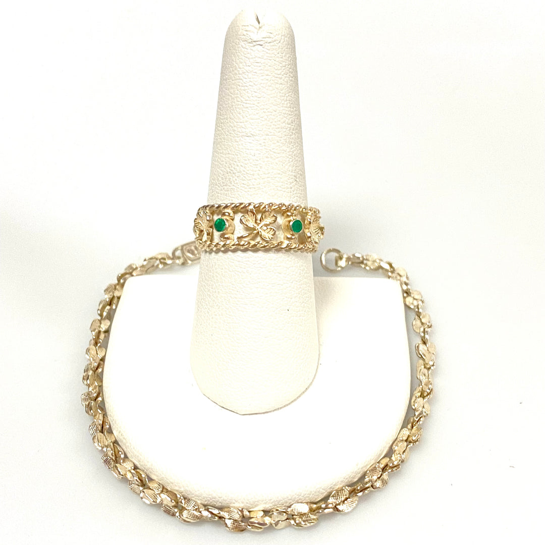 u632 Vintage 2pc Silver Carved Bracelet 7.5" Long & Clover Carved Ring Size 8.5