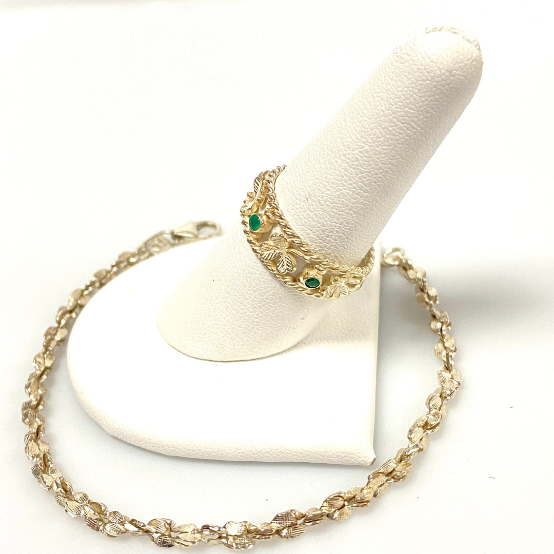 u632 Vintage 2pc Silver Carved Bracelet 7.5" Long & Clover Carved Ring Size 8.5