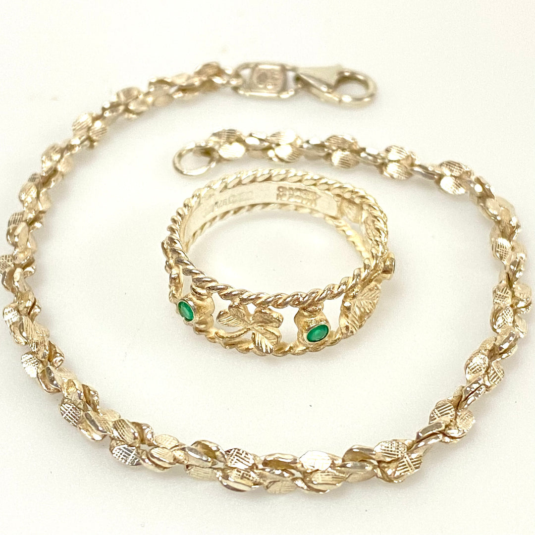 u632 Vintage 2pc Silver Carved Bracelet 7.5" Long & Clover Carved Ring Size 8.5