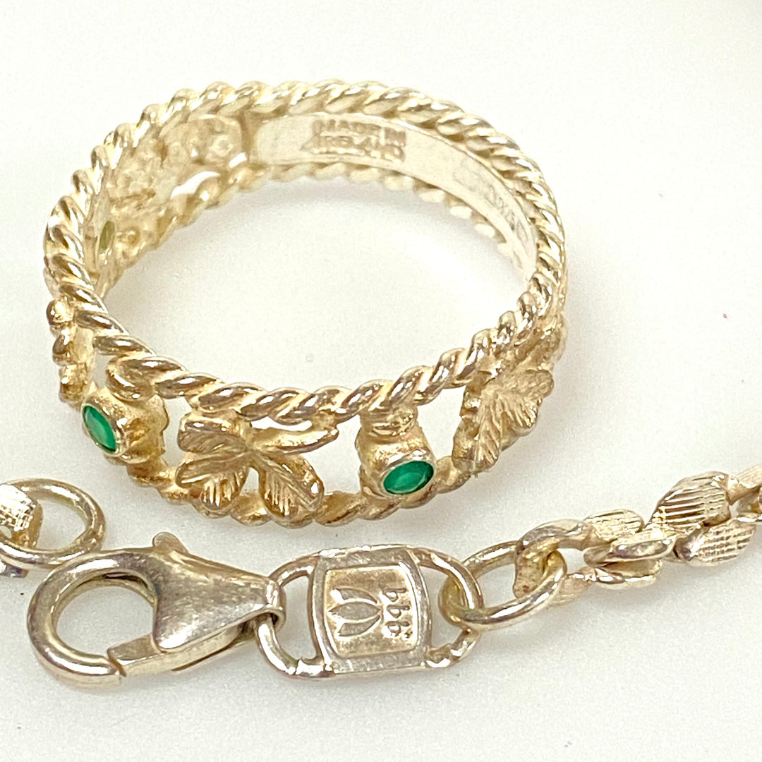 u632 Vintage 2pc Silver Carved Bracelet 7.5" Long & Clover Carved Ring Size 8.5