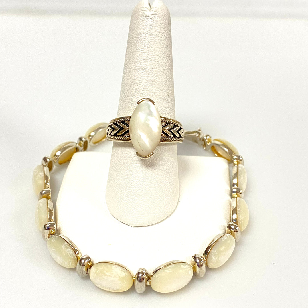 u635 Vintage 2pc Sterling Silver Mother of Pearl Bracelet 7" Long & Ring Size 9