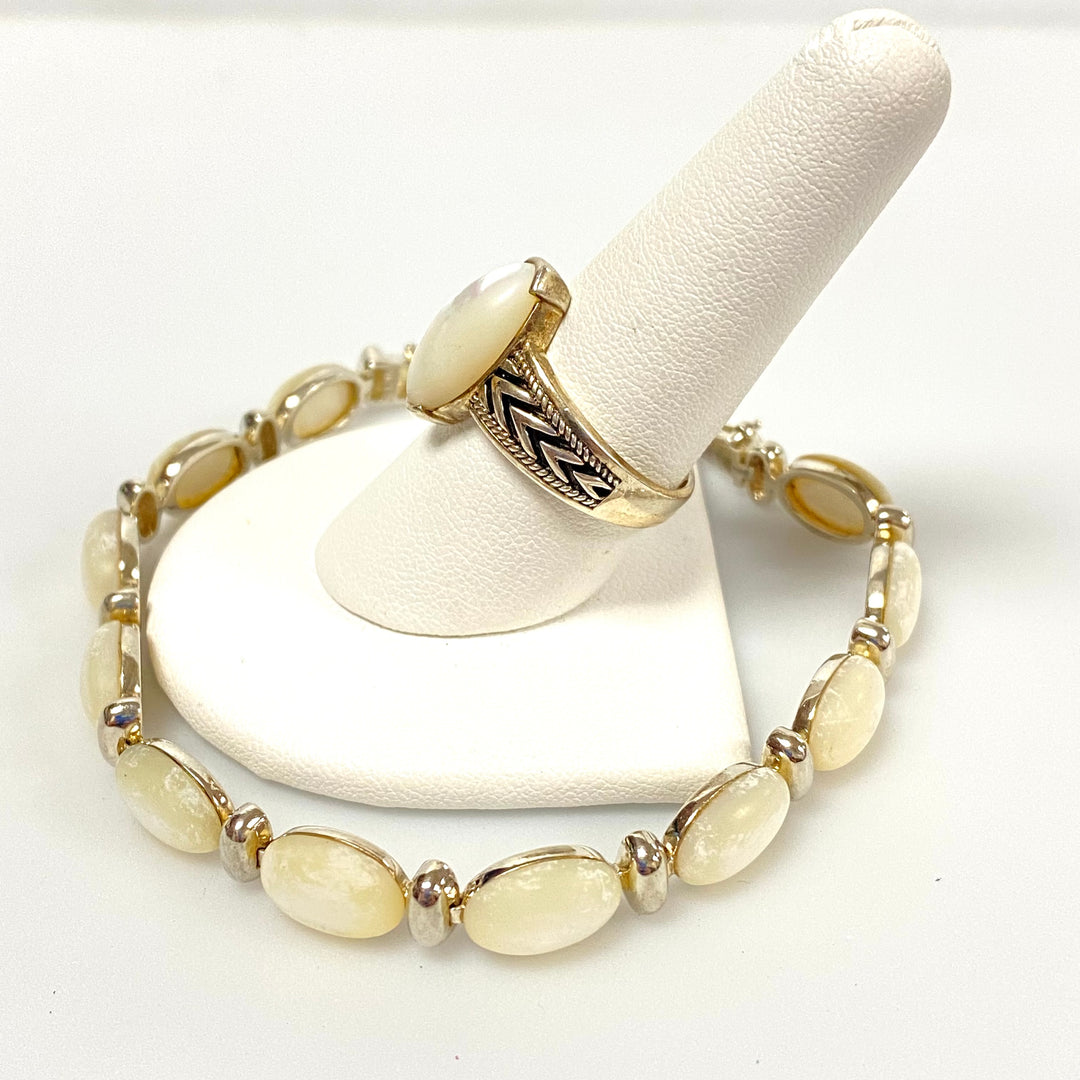 u635 Vintage 2pc Sterling Silver Mother of Pearl Bracelet 7" Long & Ring Size 9
