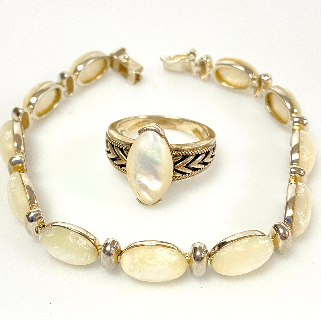 u635 Vintage 2pc Sterling Silver Mother of Pearl Bracelet 7" Long & Ring Size 9
