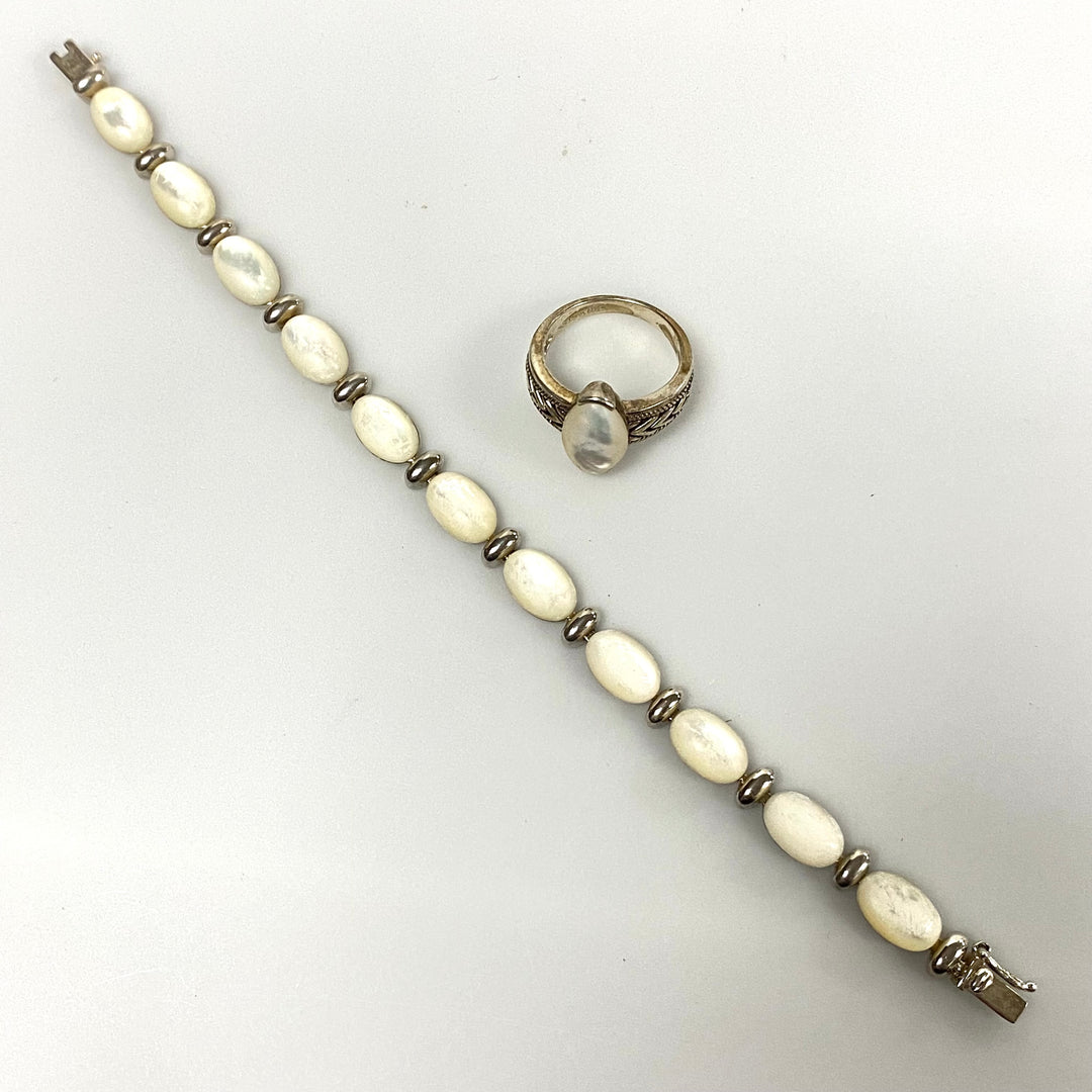 u635 Vintage 2pc Sterling Silver Mother of Pearl Bracelet 7" Long & Ring Size 9