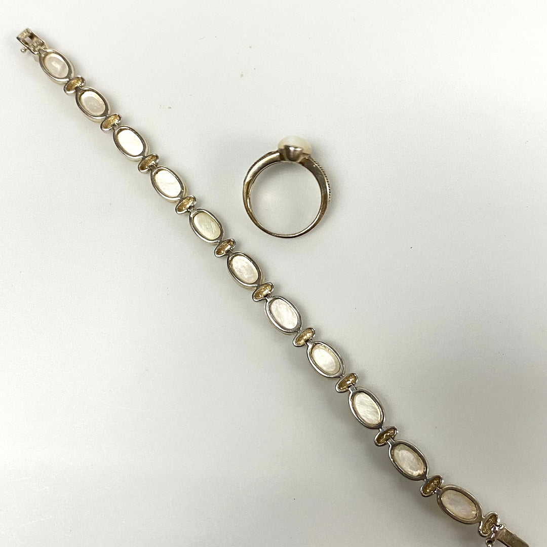 u635 Vintage 2pc Sterling Silver Mother of Pearl Bracelet 7" Long & Ring Size 9