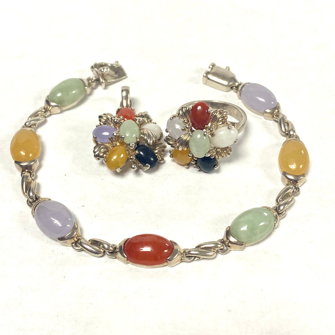 u637 Vintage 3pc Sterling Silver Multi Gemstones Bracelet 7.5" Ring Sz 6 Pendant