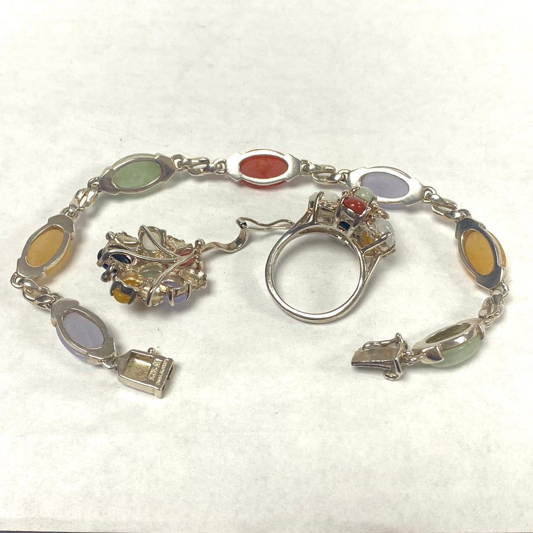 u637 Vintage 3pc Sterling Silver Multi Gemstones Bracelet 7.5" Ring Sz 6 Pendant