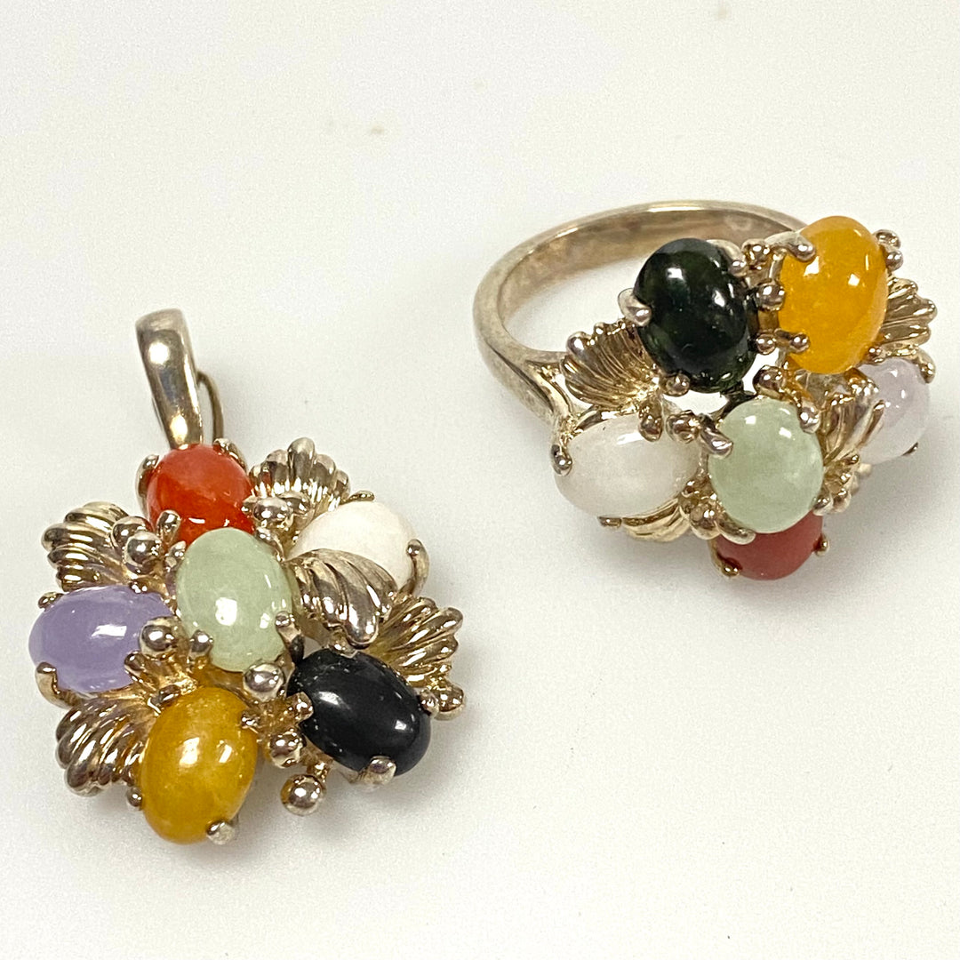 u637 Vintage 3pc Sterling Silver Multi Gemstones Bracelet 7.5" Ring Sz 6 Pendant