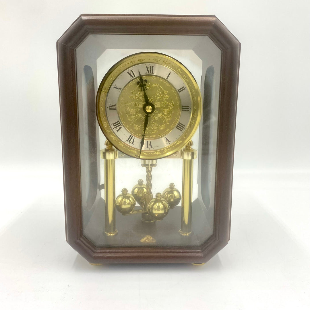 u711 Vintage Jostens Brown Wood Glass Battery Desk Shelf Mantel Clock Germany