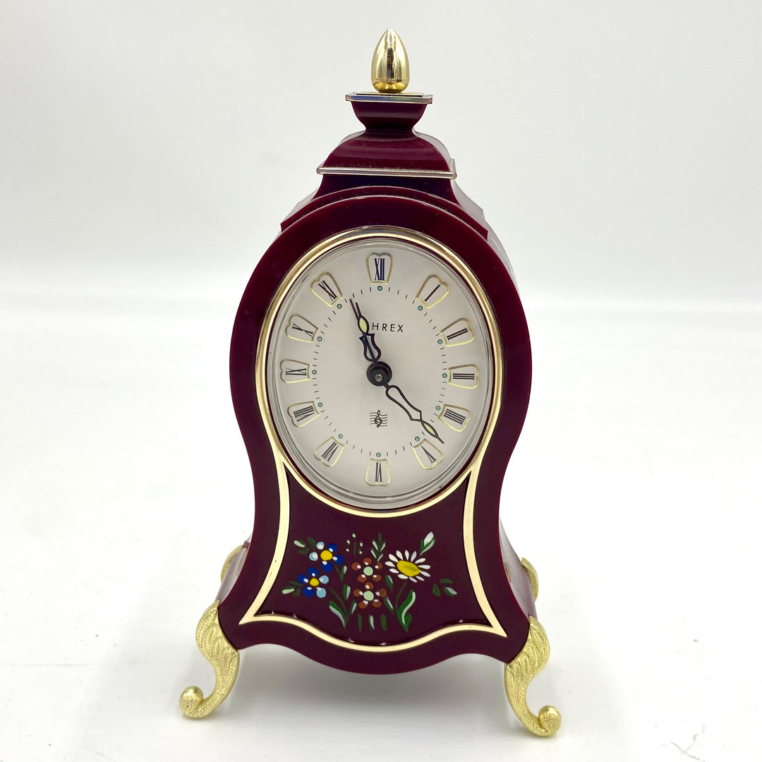 u712 UHREX Burgundy Floral Hand Painted Table Mantel Shelf Musical Clock