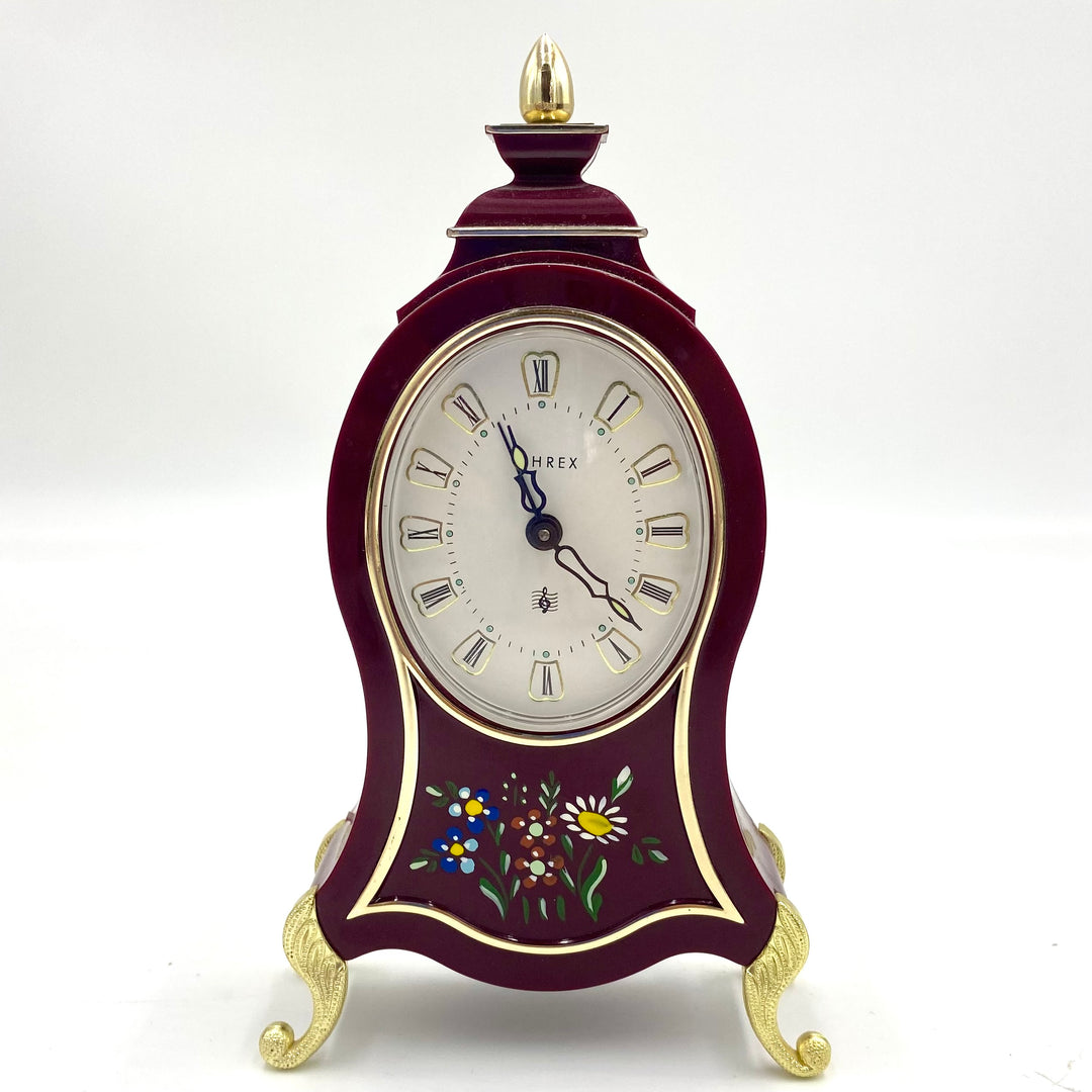 u712 UHREX Burgundy Floral Hand Painted Table Mantel Shelf Musical Clock