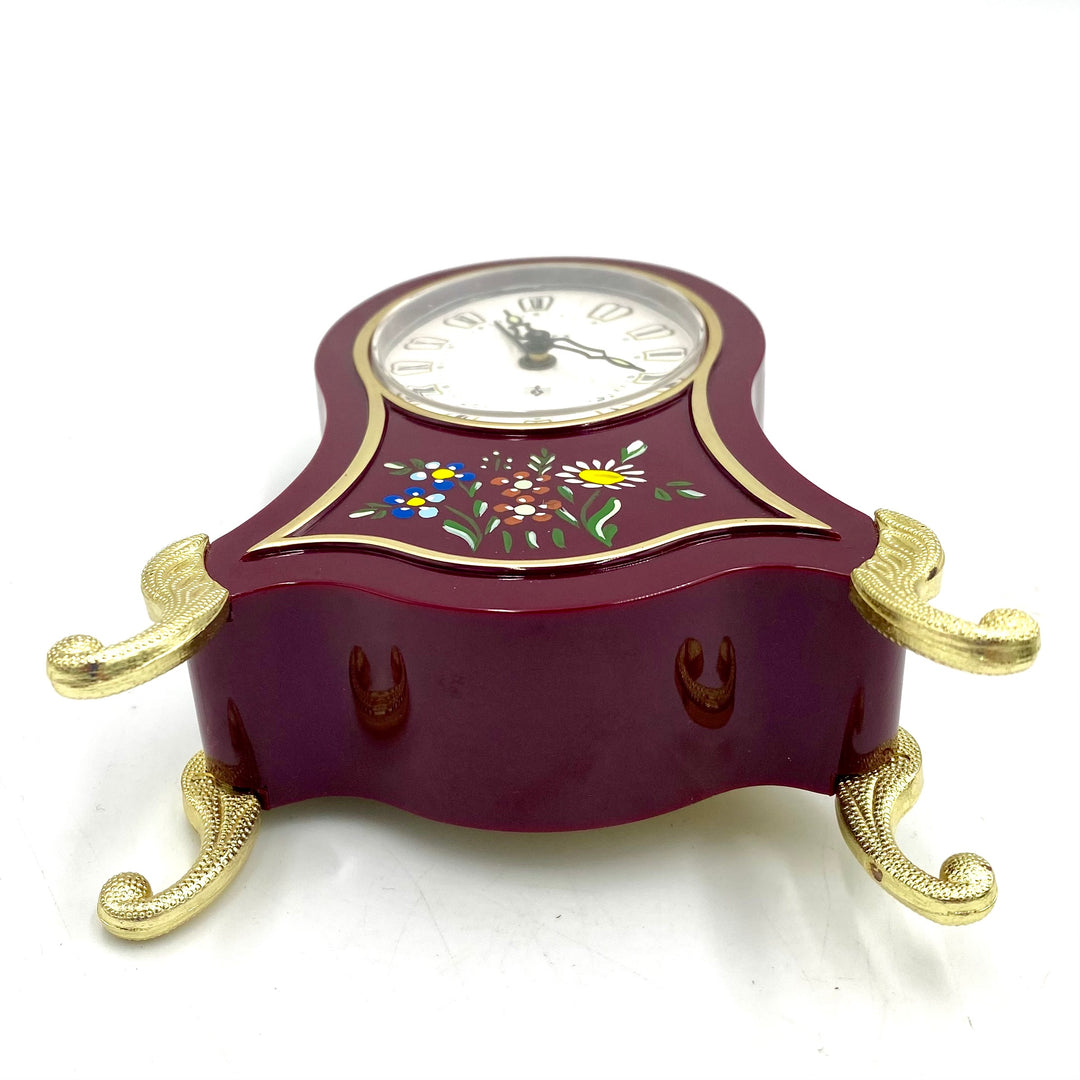 u712 UHREX Burgundy Floral Hand Painted Table Mantel Shelf Musical Clock