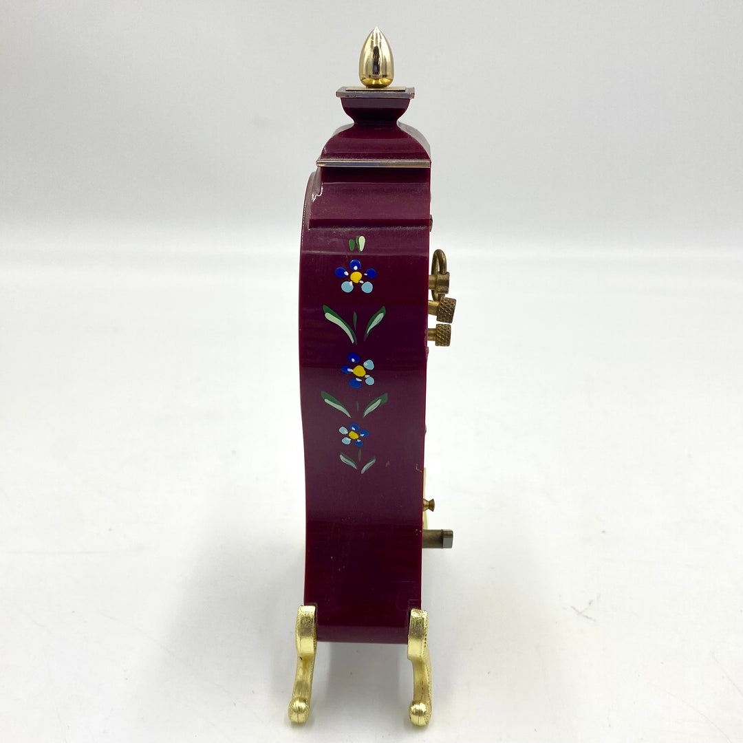 u712 UHREX Burgundy Floral Hand Painted Table Mantel Shelf Musical Clock