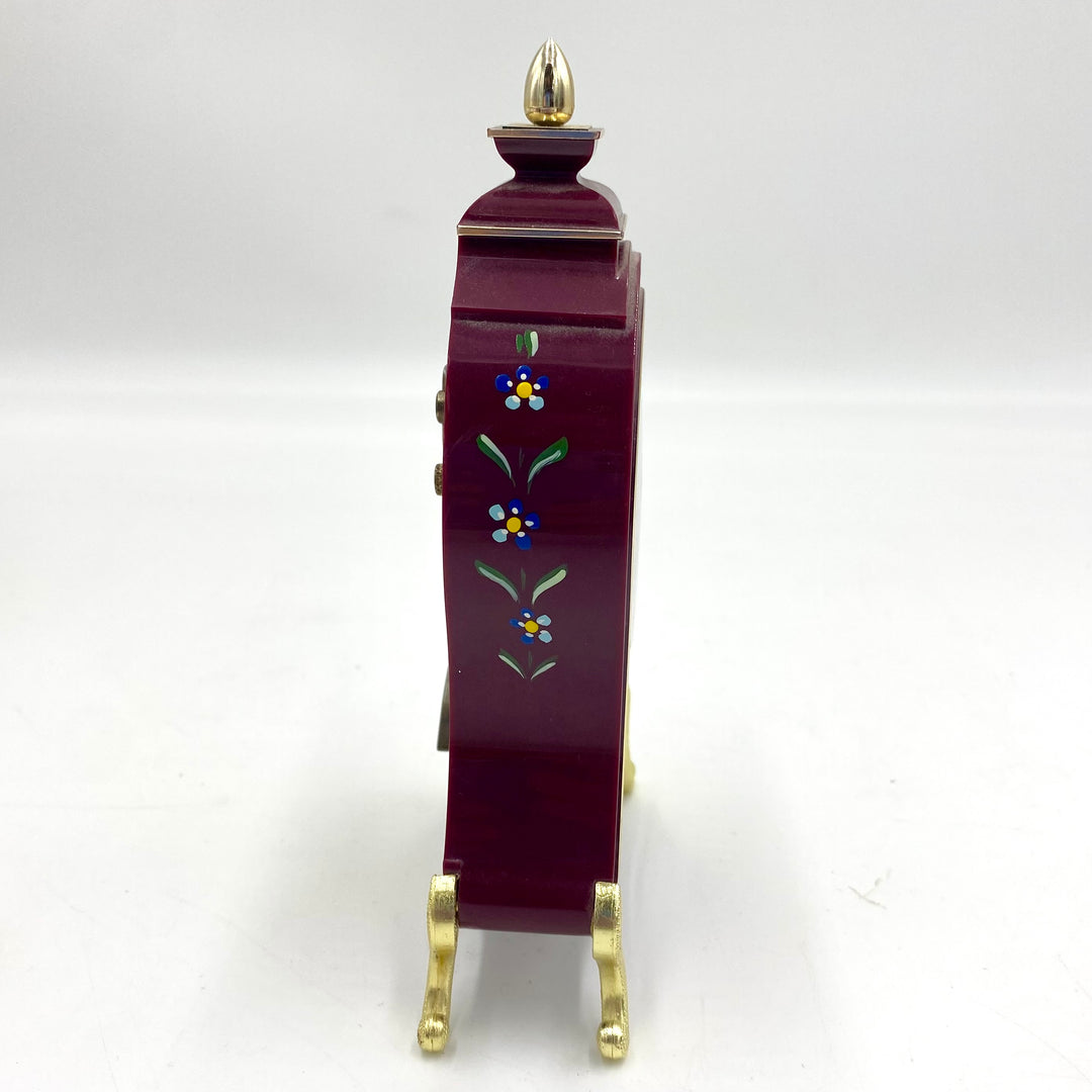 u712 UHREX Burgundy Floral Hand Painted Table Mantel Shelf Musical Clock
