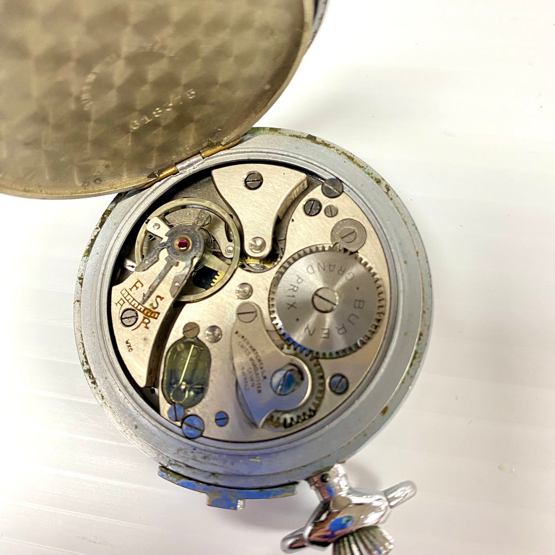 u720 Vintage BUREN Foot-Ball Swiss Mechanical Pocket Watch Silver Tone 7 Jewels