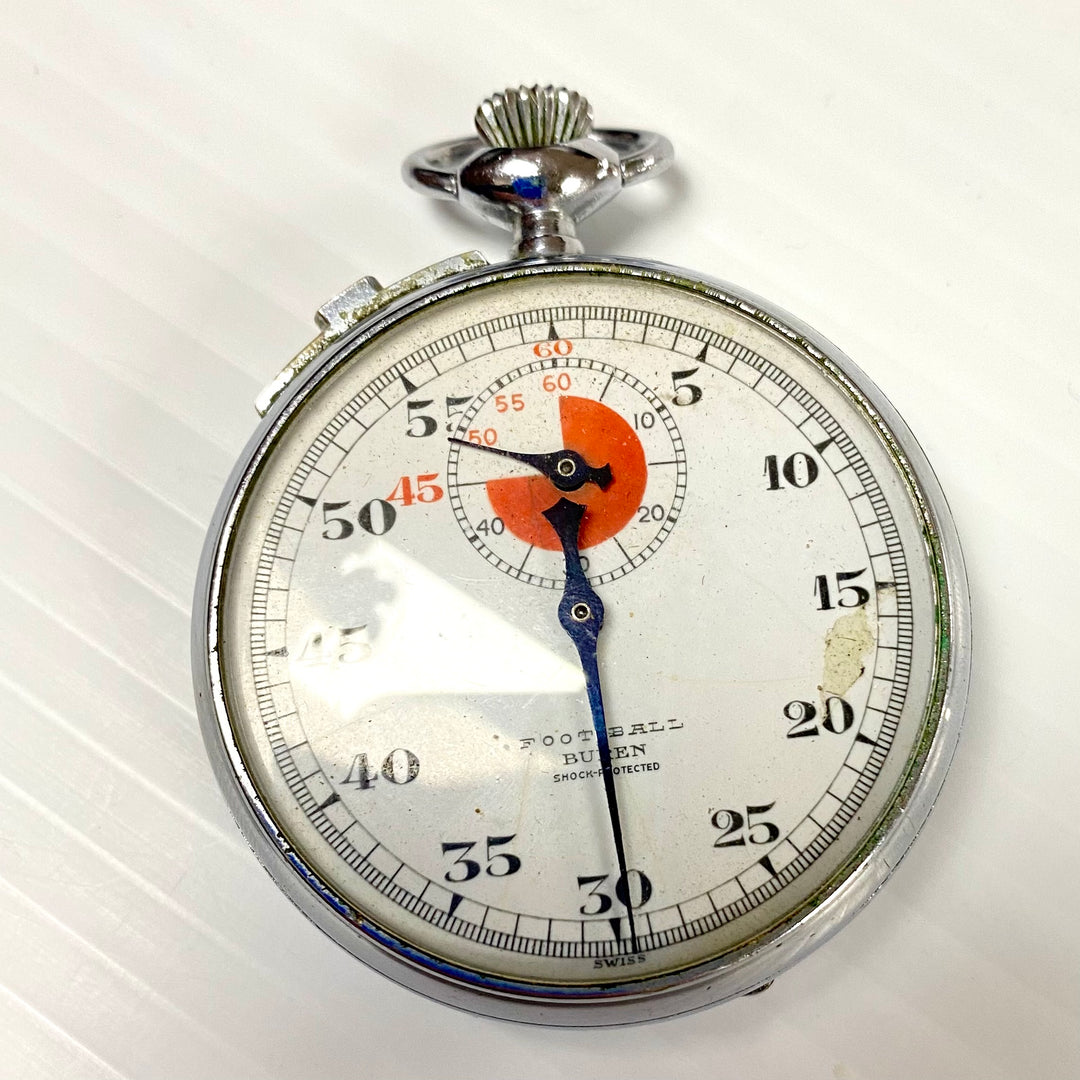 u720 Vintage BUREN Foot-Ball Swiss Mechanical Pocket Watch Silver Tone 7 Jewels