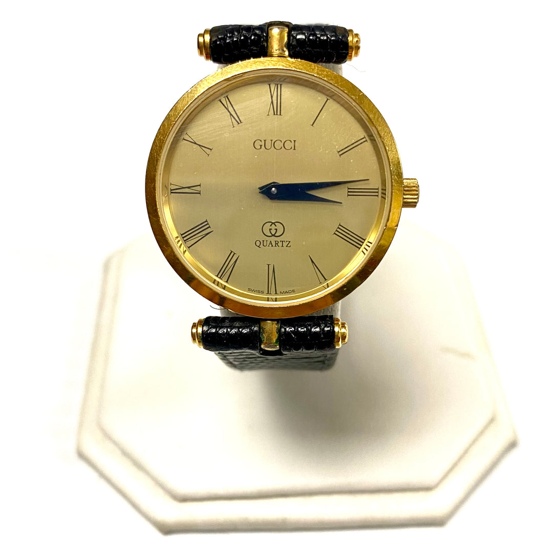 u727 Vintage Gucci Swiss Made Quartz Gold Tone Black Leather Unisex Wrist Watch
