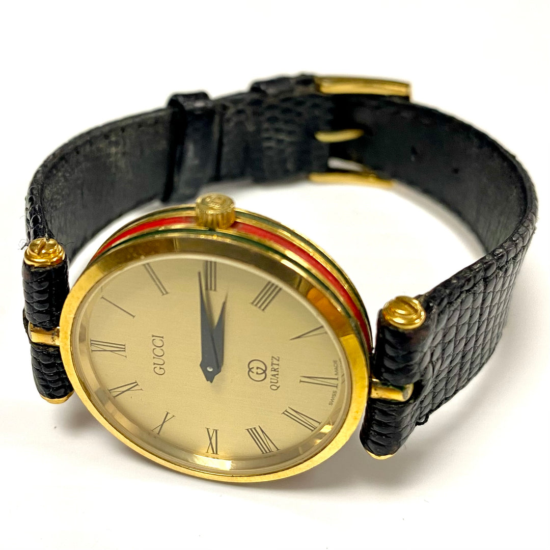 u727 Vintage Gucci Swiss Made Quartz Gold Tone Black Leather Unisex Wrist Watch