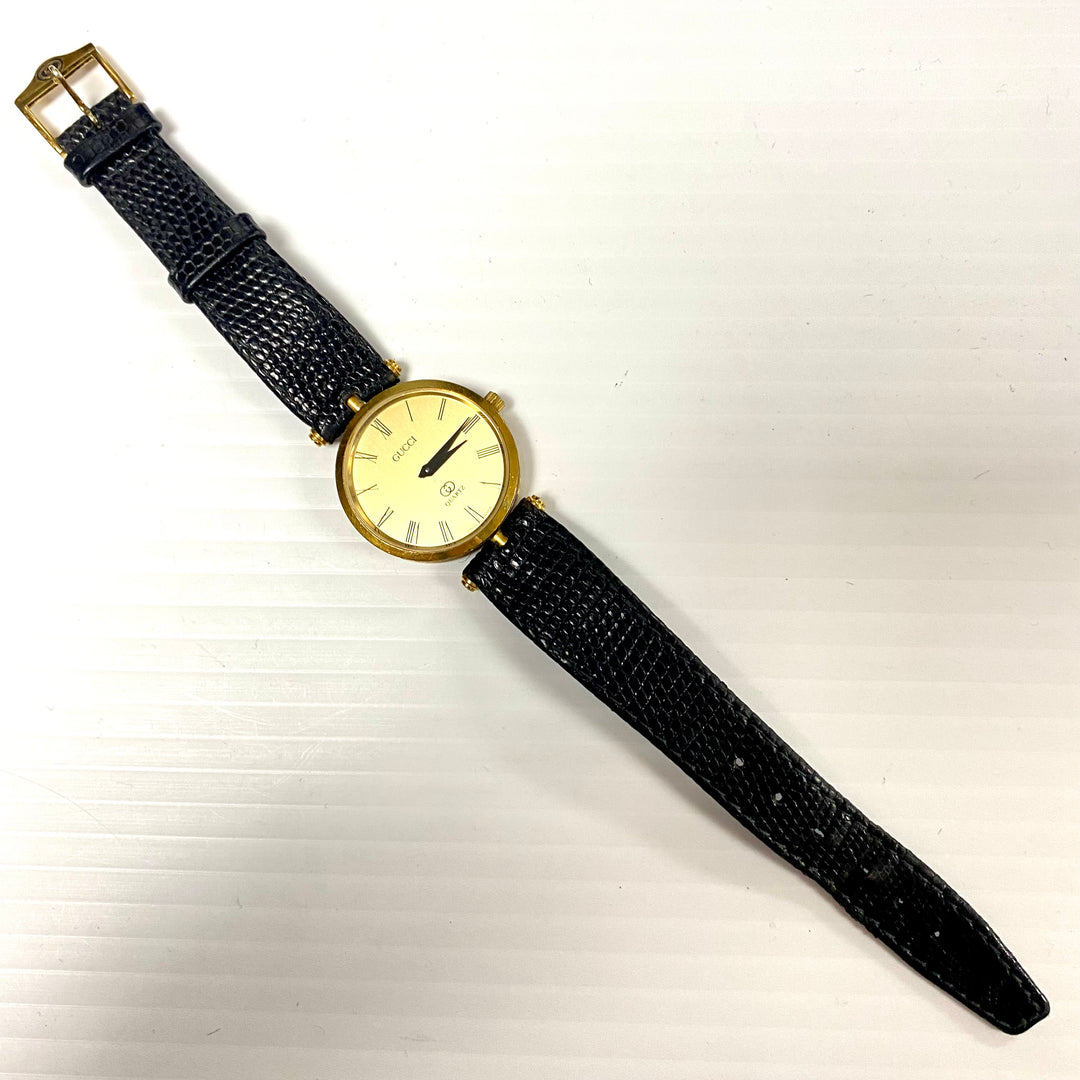 u727 Vintage Gucci Swiss Made Quartz Gold Tone Black Leather Unisex Wrist Watch