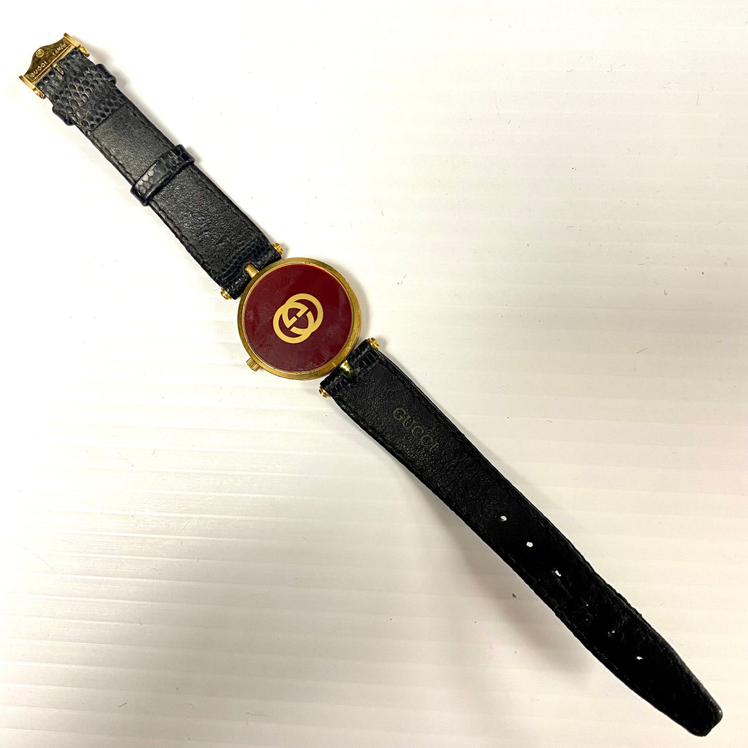 u727 Vintage Gucci Swiss Made Quartz Gold Tone Black Leather Unisex Wrist Watch