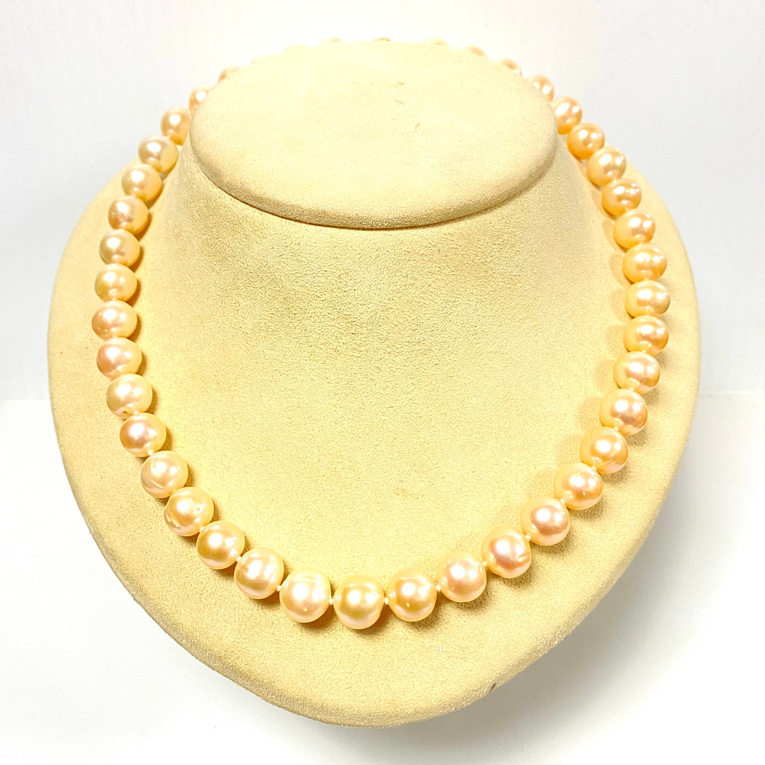 u729 Vintage Rose Pearl 10mm Beads 14K Yellow Gold Elegant Necklace 18" Long