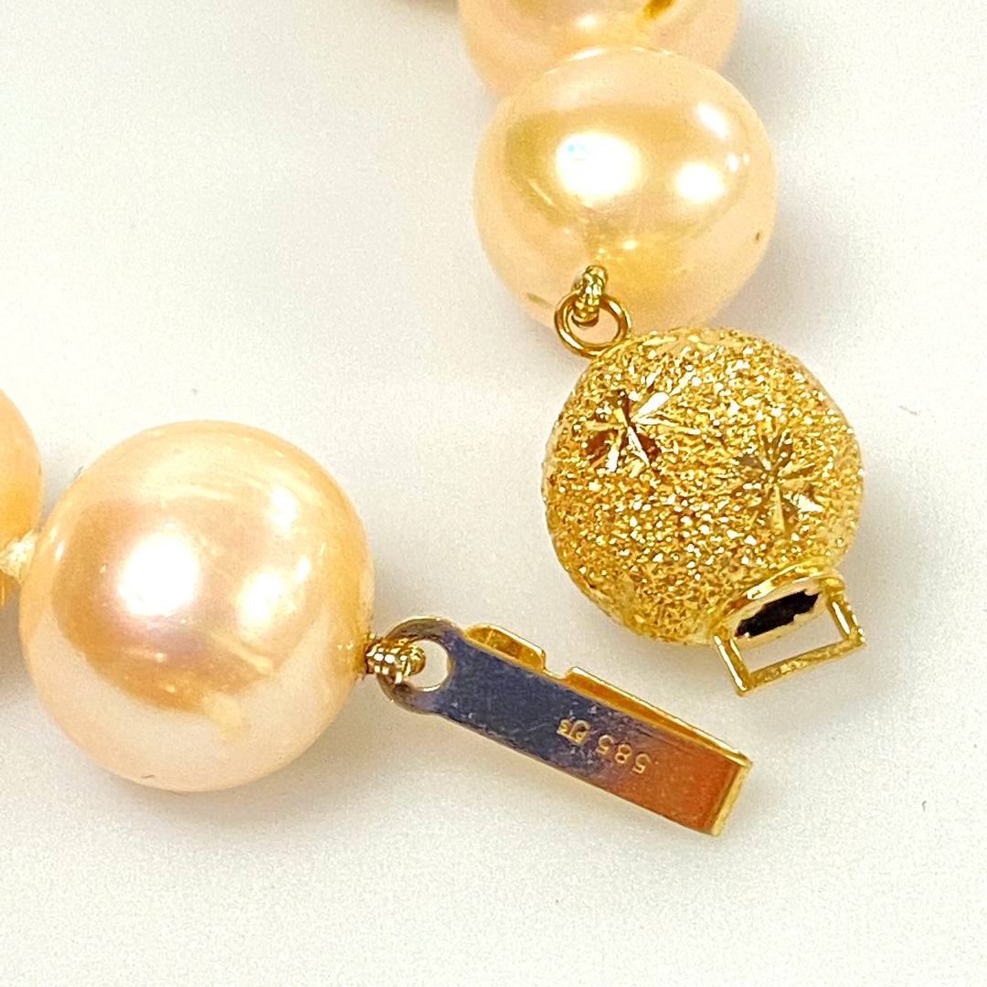 u729 Vintage Rose Pearl 10mm Beads 14K Yellow Gold Elegant Necklace 18" Long