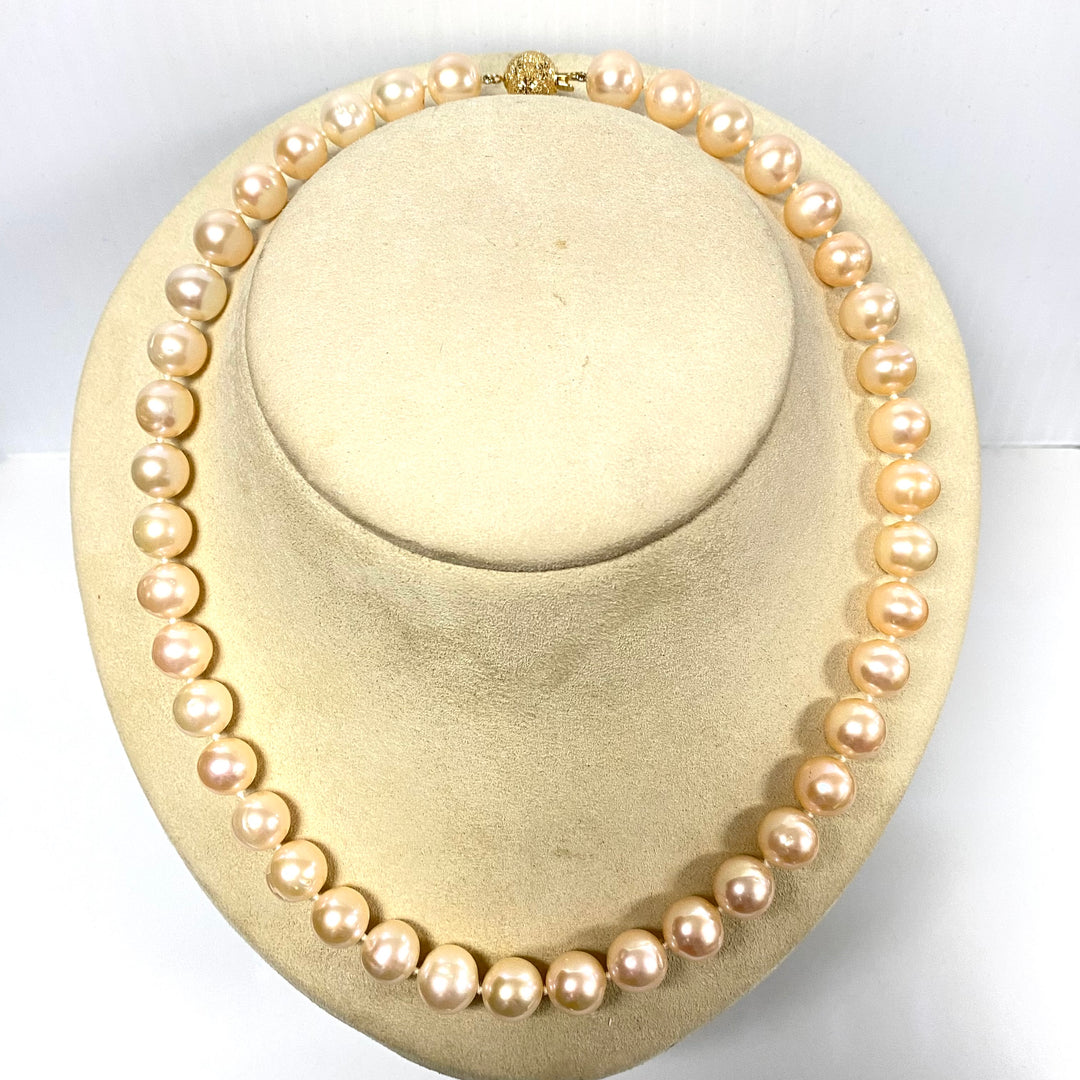 u729 Vintage Rose Pearl 10mm Beads 14K Yellow Gold Elegant Necklace 18" Long
