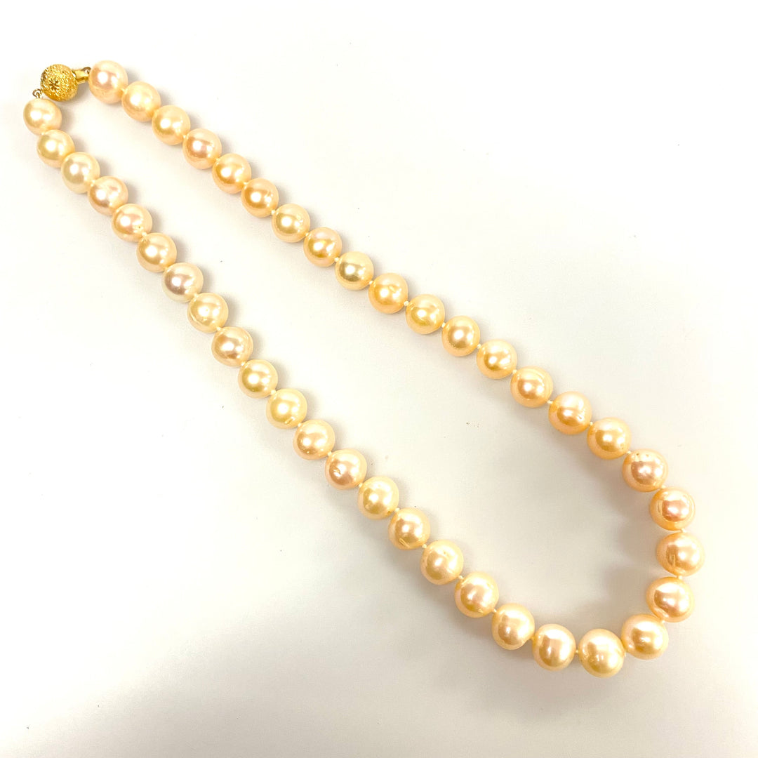 u729 Vintage Rose Pearl 10mm Beads 14K Yellow Gold Elegant Necklace 18" Long