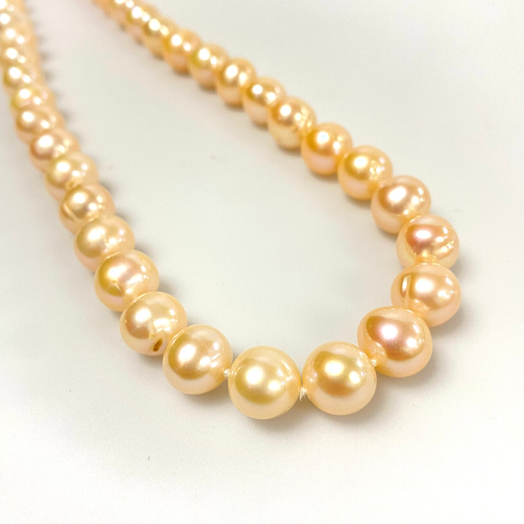 u729 Vintage Rose Pearl 10mm Beads 14K Yellow Gold Elegant Necklace 18" Long