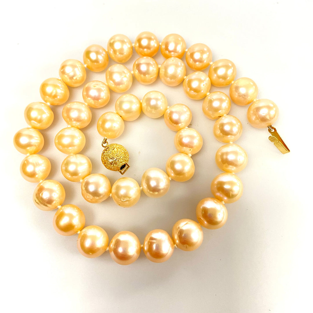 u729 Vintage Rose Pearl 10mm Beads 14K Yellow Gold Elegant Necklace 18" Long