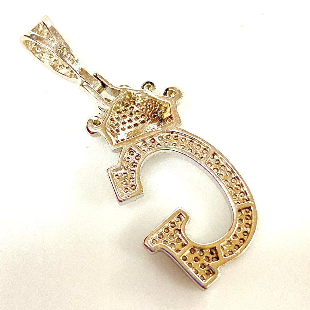 u736 Vintage Sterling Silver 925 White Stones Crown G Charm Pendant