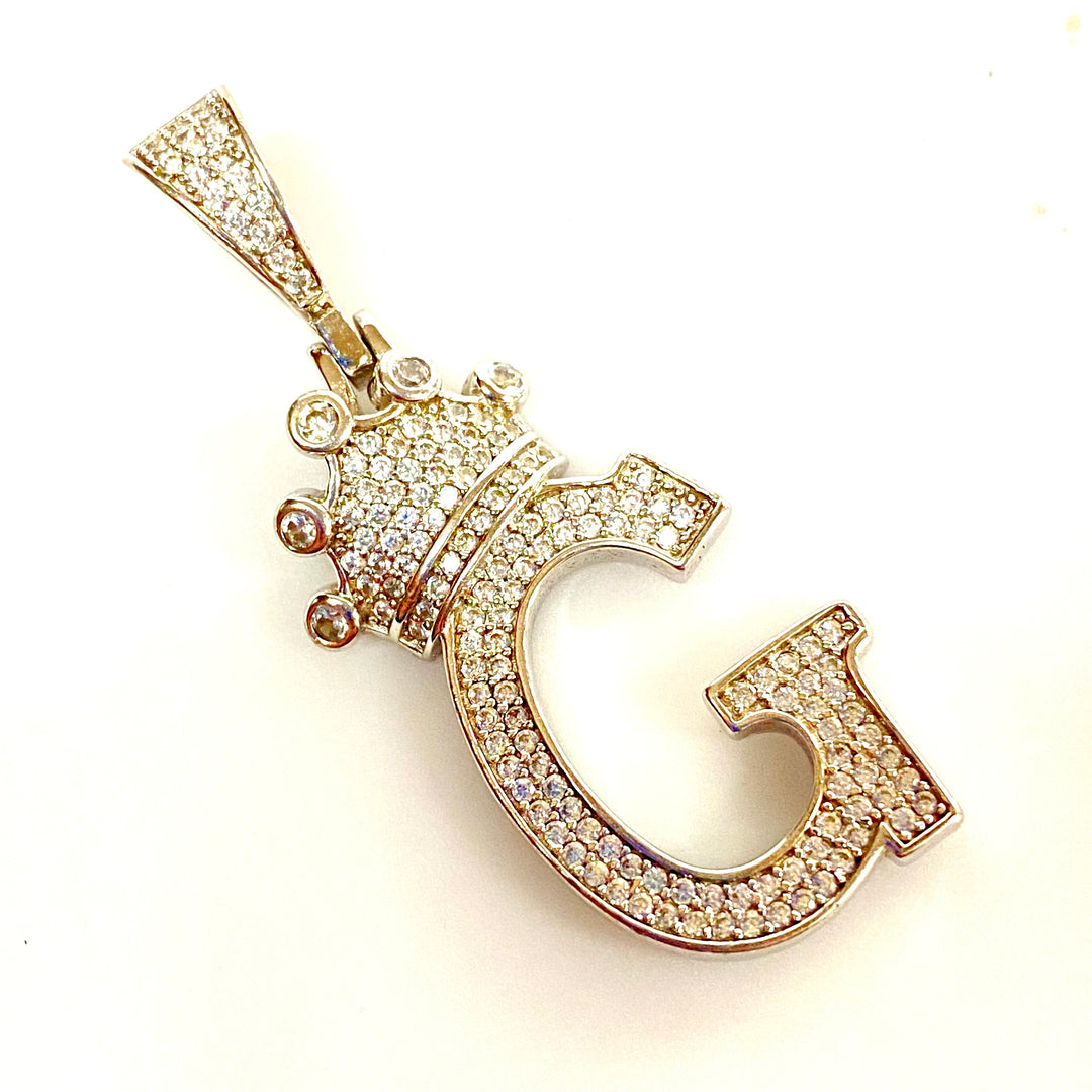 u736 Vintage Sterling Silver 925 White Stones Crown G Charm Pendant