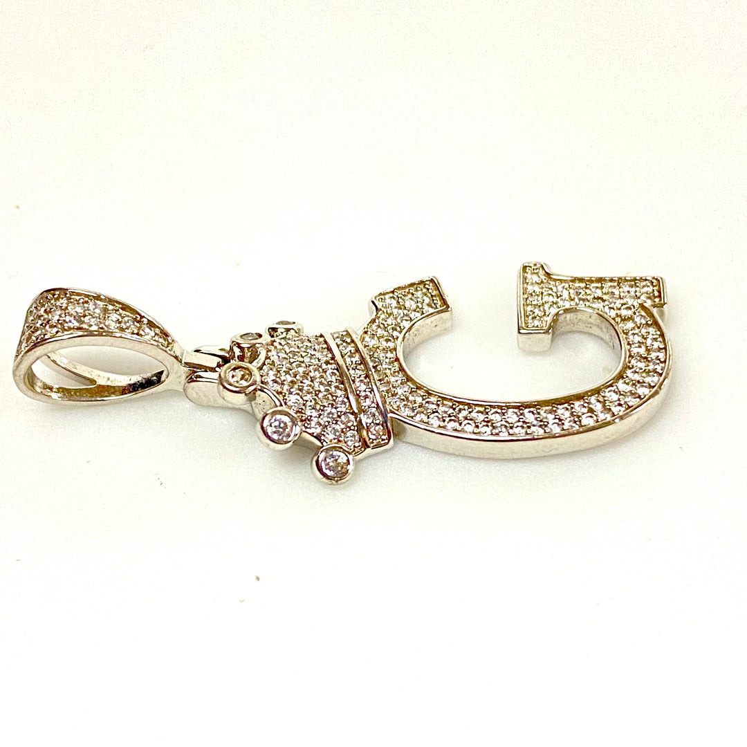 u736 Vintage Sterling Silver 925 White Stones Crown G Charm Pendant