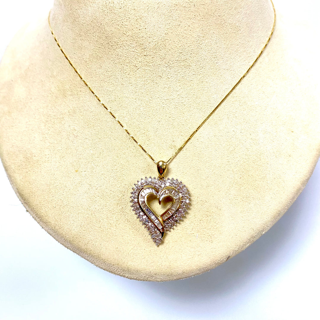 u743 Vintage 10K Yellow Gold 1ct Diamond Heart Pendant Chain Necklace 18" Long